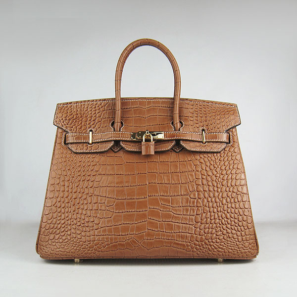 High Quality Fake Hermes Birkin 35CM Crocodile Veins Leather Bag Light Coffee 6089